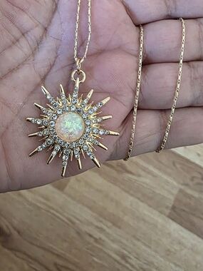 14k Gold Plated Sunburst Pendant Necklace with Opal Center - Women's Jewelry